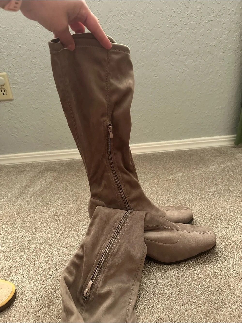 Brand New Knee-High Block Heel Faux Suede Boots in Taupe